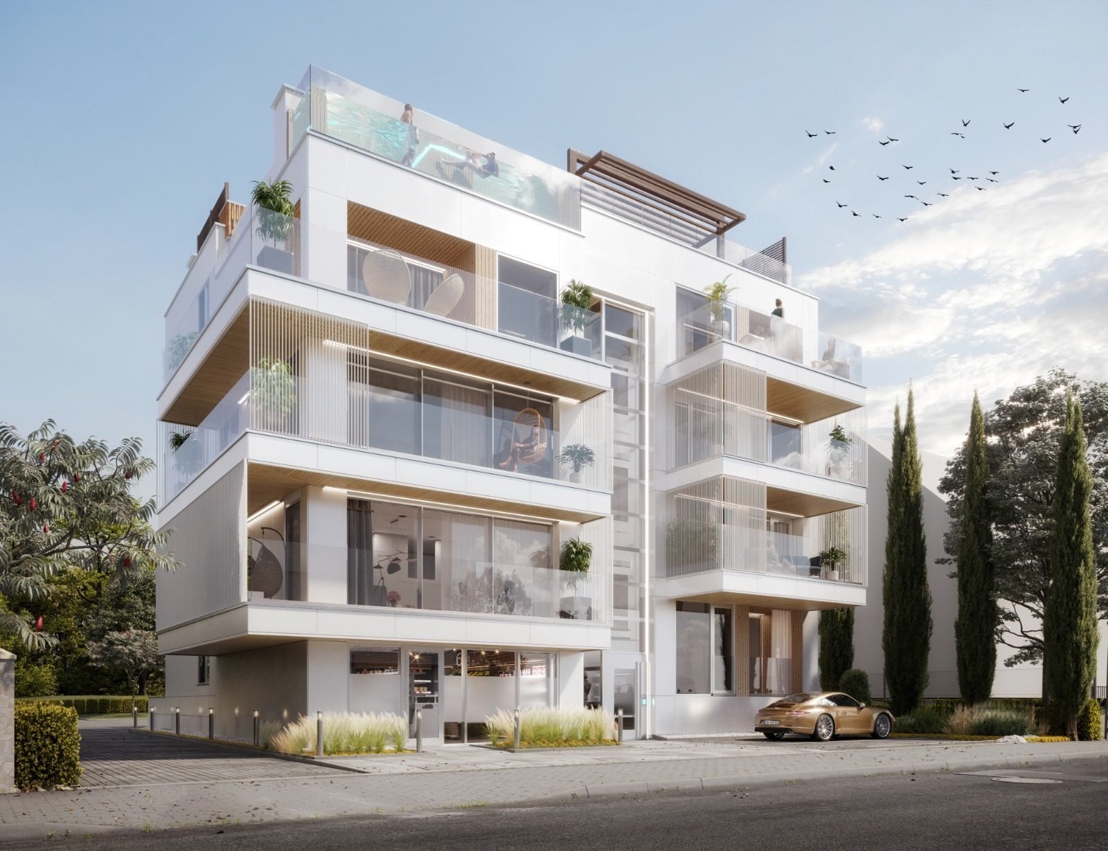 Render pełnej elewacji z tarasami